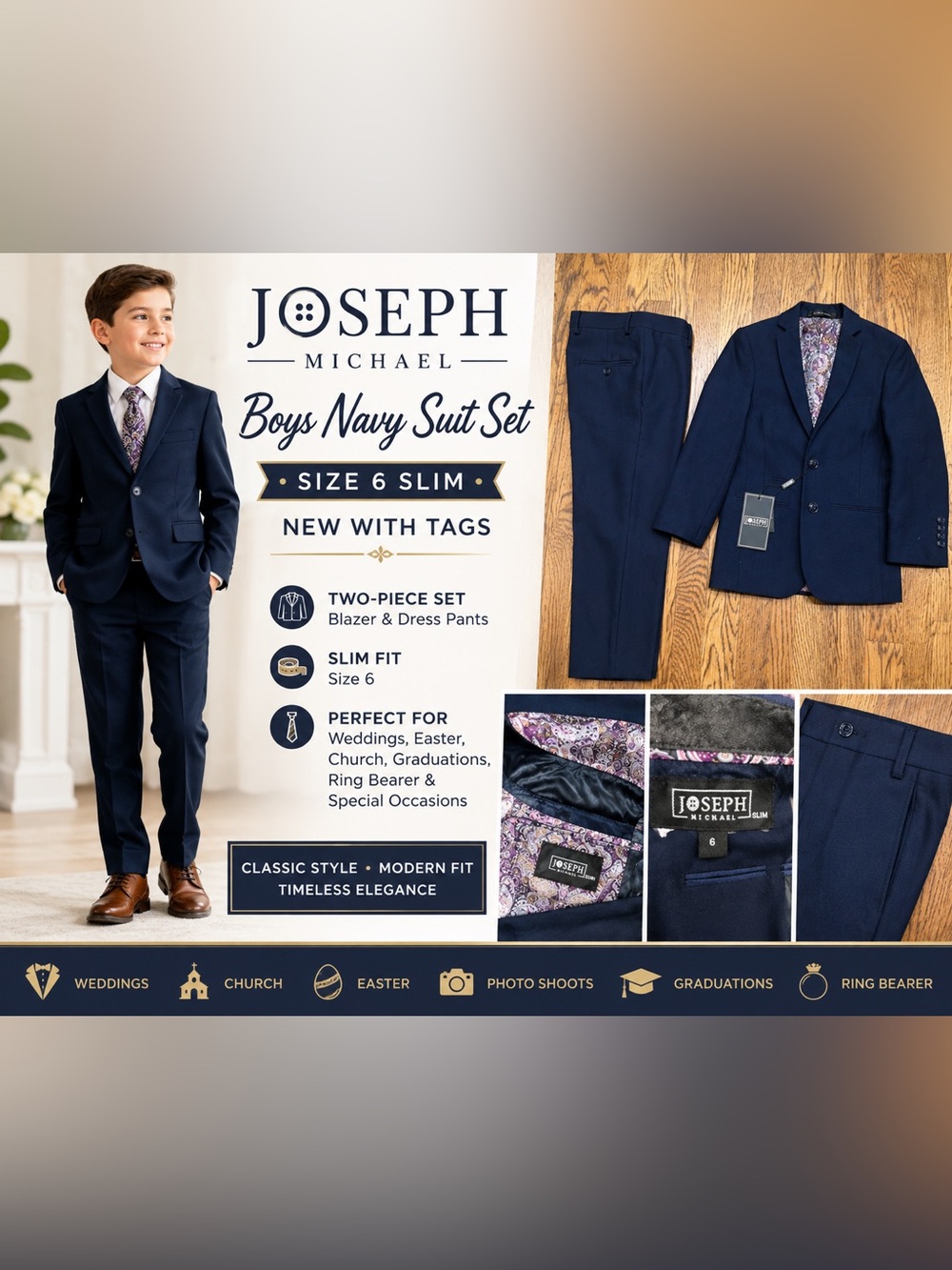 Joseph Michael Boys Navy Blue Suit Set Size 6 Slim NWT Blazer & Dress Pants